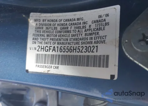 2006 Honda Civic Lx z USA, uszkodzony, nr VIN 2HGFA16556H523021